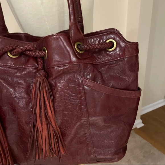 CHARLES DAVID BOHO HOBO BAG TOTE W/ BRAIDED DRAWSTRING TASSELS Burgundy/Oxblood - Picture 4 of 15